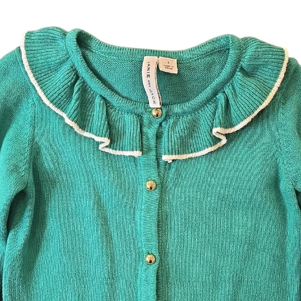 Janie & Jack Girl's Ruffle Trim Cardigan Countryside Green Preppy Old Money Sz 3
